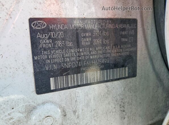 5NPD74LF6LH615499 2020 HYUNDAI ELANTRA White 