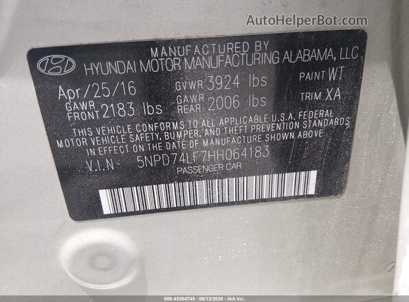 5NPD74LF7HH064183 2017 HYUNDAI ELANTRA Tan Շարժիչի բաժամունքի տեսք