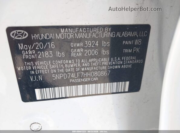 5NPD74LF7HH080867 2017 HYUNDAI ELANTRA White Vista del compartimento del motor