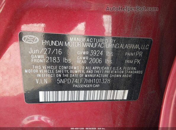 5NPD74LF7HH101328 2017 HYUNDAI ELANTRA Red Engine compartment view