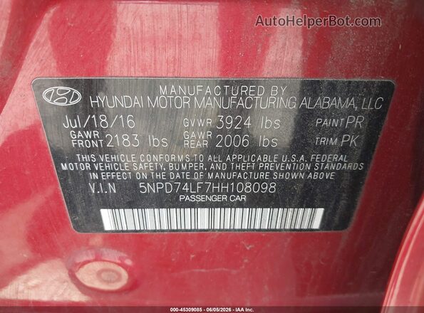 5NPD74LF7HH108098 2017 HYUNDAI ELANTRA Red Շարժիչի բաժամունքի տեսք