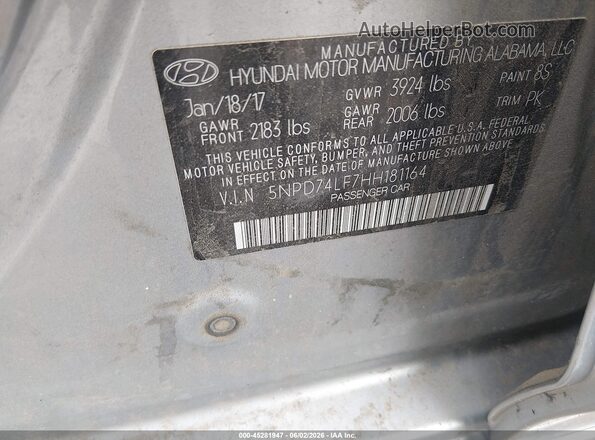 5NPD74LF7HH181164 2017 HYUNDAI ELANTRA Gray Engine compartment view