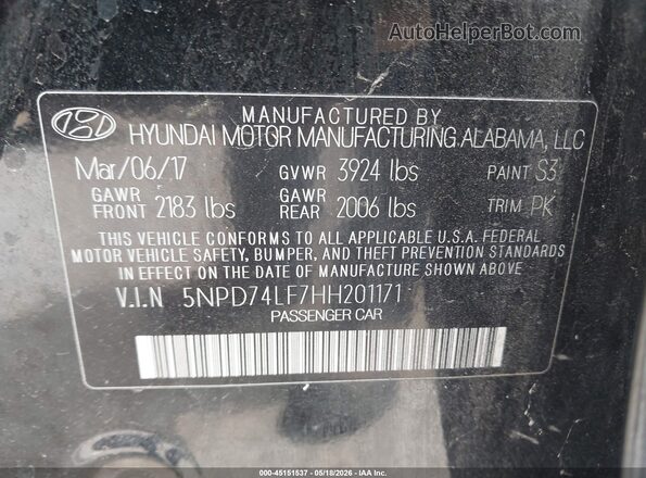 5NPD74LF7HH201171 2017 HYUNDAI ELANTRA Black Engine compartment view