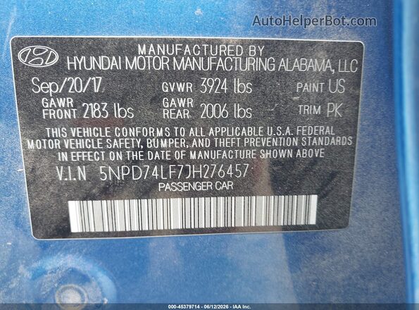 5NPD74LF7JH276457 2018 HYUNDAI ELANTRA Blue 