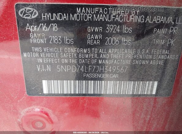 5NPD74LF7JH349567 2018 HYUNDAI ELANTRA Red Вид підкапотного простору
