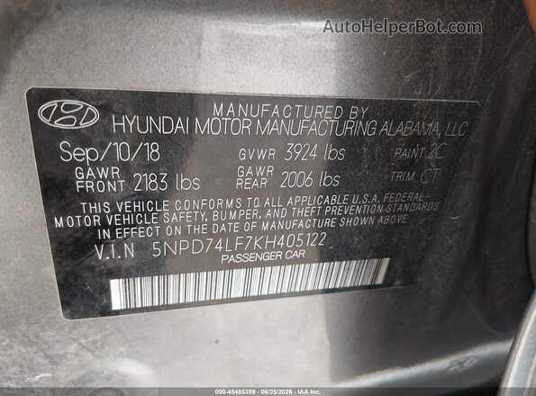 5NPD74LF7KH405122 2019 HYUNDAI ELANTRA Gray Widok komory silnika