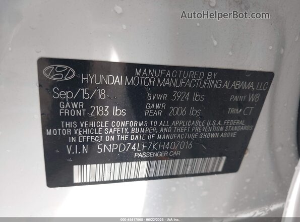 5NPD74LF7KH407016 2019 HYUNDAI ELANTRA White Vista del compartimento del motor