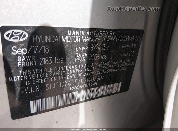 5NPD74LF7KH407307 2019 HYUNDAI ELANTRA Серебряный Вид подкапотного пространства