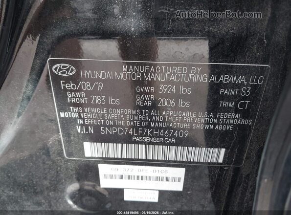 5NPD74LF7KH467409 2019 HYUNDAI ELANTRA Black ძრავის განყოფილების ხედი