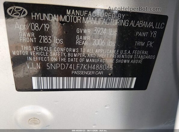 5NPD74LF7KH488065 2019 HYUNDAI ELANTRA Gray ძრავის განყოფილების ხედი