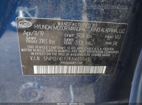 5NPD74LF7KH489863 2019 HYUNDAI ELANTRA Blue ძრავის განყოფილების ხედი