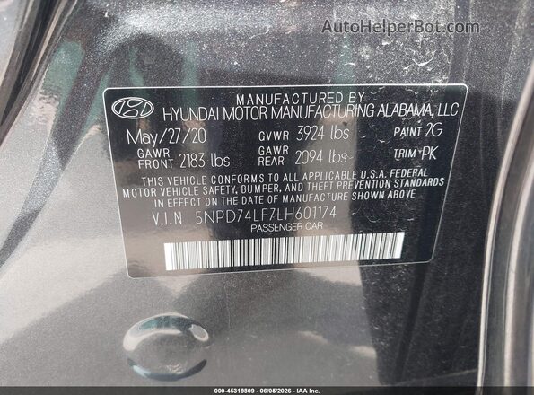 5NPD74LF7LH601174 2020 HYUNDAI ELANTRA Gray 