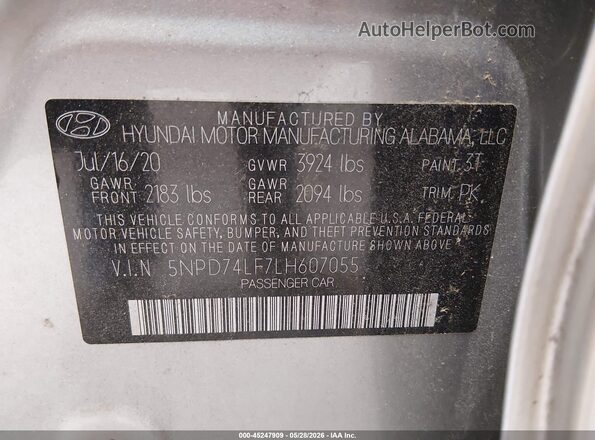 5NPD74LF7LH607055 2020 HYUNDAI ELANTRA Silver Vista del compartimento del motor