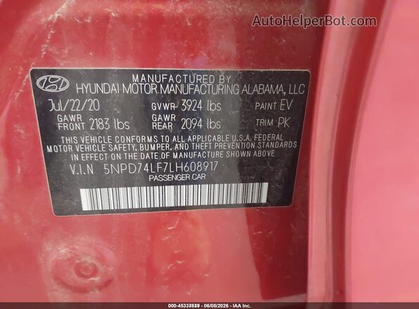 5NPD74LF7LH608917 2020 HYUNDAI ELANTRA Red Շարժիչի բաժամունքի տեսք