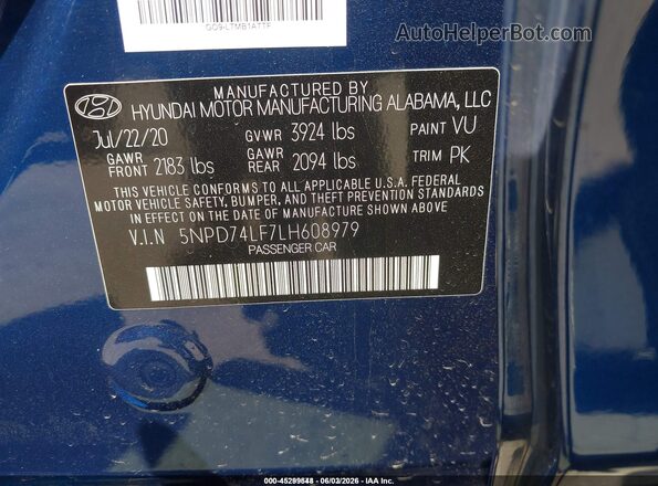 5NPD74LF7LH608979 2020 HYUNDAI ELANTRA Blue Vista del compartimento del motor