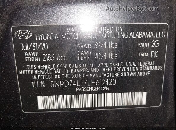 5NPD74LF7LH612420 2020 HYUNDAI ELANTRA Gray Widok komory silnika