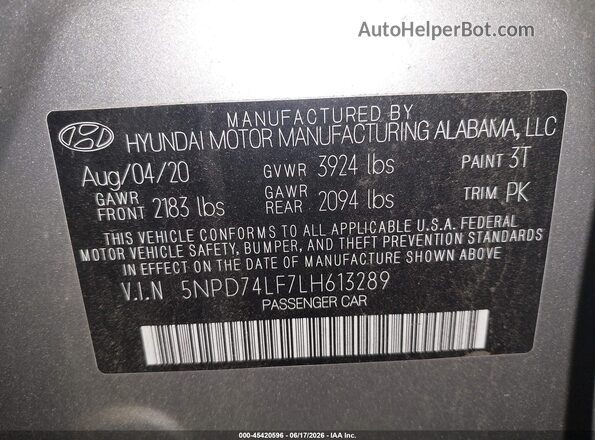 5NPD74LF7LH613289 2020 HYUNDAI ELANTRA Silver Widok komory silnika