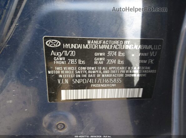5NPD74LF7LH615835 2020 HYUNDAI ELANTRA Blue Widok komory silnika