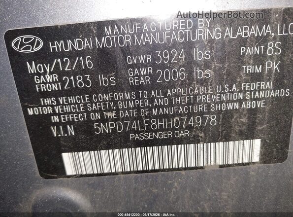 5NPD74LF8HH074978 2017 HYUNDAI ELANTRA Silver Engine compartment view