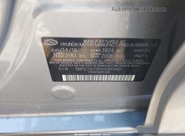 5NPD74LF8HH094440 2017 HYUNDAI ELANTRA Silver Vista del compartimento del motor