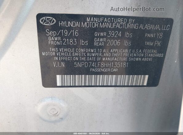 5NPD74LF8HH135181 2017 HYUNDAI ELANTRA Серебряный Вид подкапотного пространства