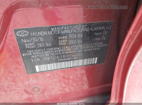 5NPD74LF8HH166303 2017 HYUNDAI ELANTRA Red Vista del compartimento del motor