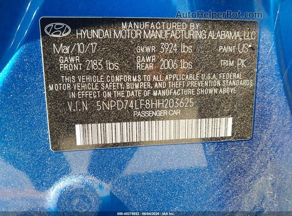 5NPD74LF8HH203625 2017 HYUNDAI ELANTRA Blue Շարժիչի բաժամունքի տեսք