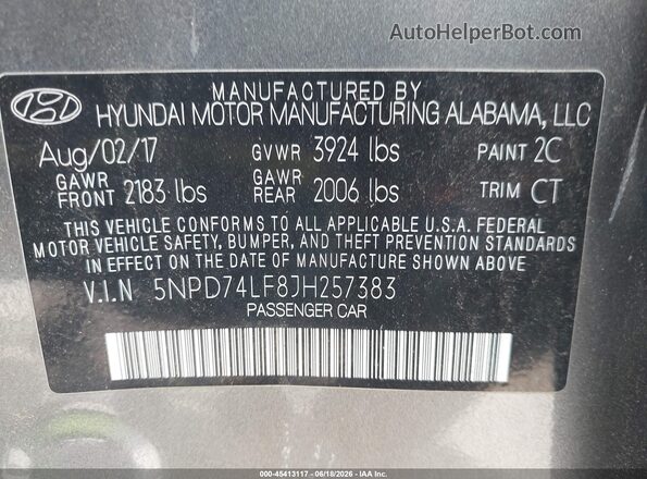 5NPD74LF8JH257383 2018 HYUNDAI ELANTRA Gray Widok komory silnika