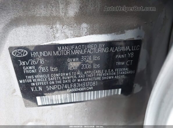5NPD74LF8JH317081 2018 HYUNDAI ELANTRA White ძრავის განყოფილების ხედი