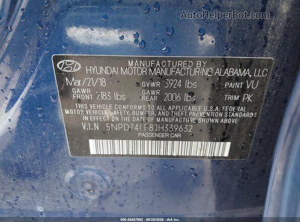 5NPD74LF8JH339632 2018 HYUNDAI ELANTRA Blue Вид підкапотного простору