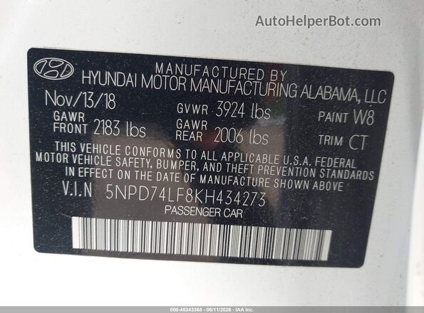 5NPD74LF8KH434273 2019 HYUNDAI ELANTRA White ძრავის განყოფილების ხედი