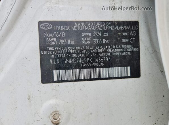 5NPD74LF8KH436783 2019 HYUNDAI ELANTRA White Вид підкапотного простору