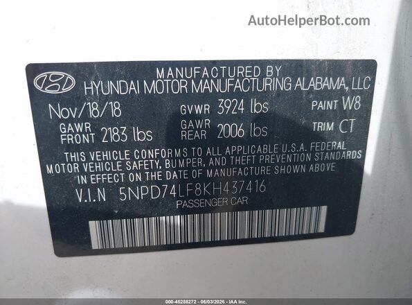 5NPD74LF8KH437416 2019 HYUNDAI ELANTRA White Engine compartment view
