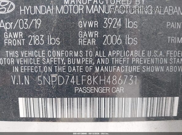 5NPD74LF8KH486731 2019 HYUNDAI ELANTRA Silver 