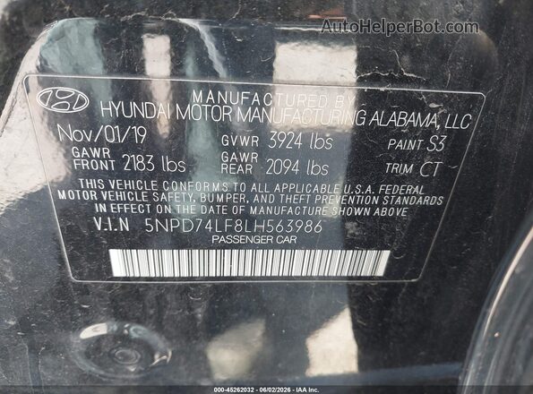 5NPD74LF8LH563986 2020 HYUNDAI ELANTRA Black Vista del compartimento del motor