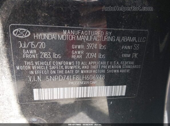 5NPD74LF8LH606948 2020 HYUNDAI ELANTRA Black Շարժիչի բաժամունքի տեսք