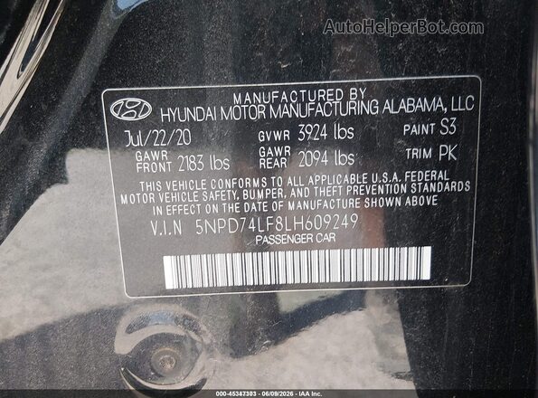 5NPD74LF8LH609249 2020 HYUNDAI ELANTRA Black ძრავის განყოფილების ხედი