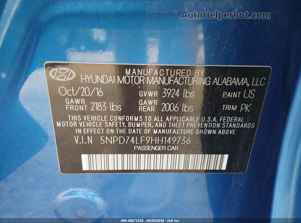 5NPD74LF9HH149736 2017 HYUNDAI ELANTRA Blue Vista del compartimento del motor