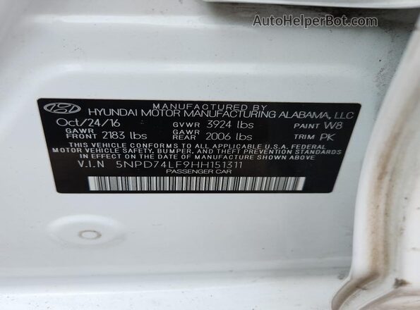 5NPD74LF9HH151311 2017 HYUNDAI ELANTRA White VIN կոդի պիտակի տեսք