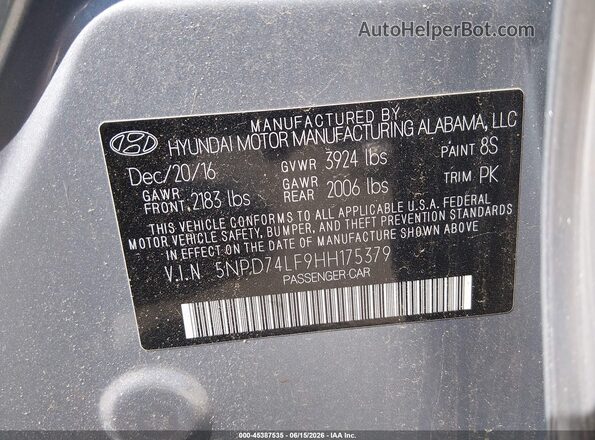 5NPD74LF9HH175379 2017 HYUNDAI ELANTRA Silver 