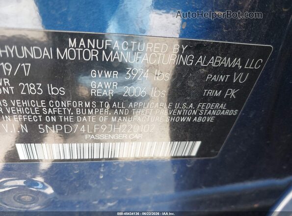 5NPD74LF9JH220102 2018 HYUNDAI ELANTRA Blue ძრავის განყოფილების ხედი