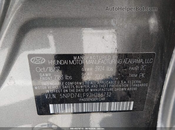 5NPD74LF9JH286732 2018 HYUNDAI ELANTRA Gray ძრავის განყოფილების ხედი