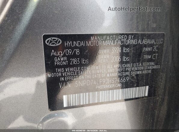 5NPD74LF9JH394669 2018 HYUNDAI ELANTRA Gray Widok komory silnika