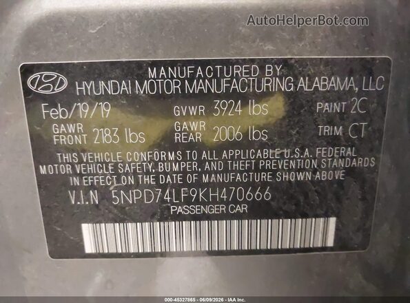 5NPD74LF9KH470666 2019 HYUNDAI ELANTRA Gray Vista del compartimento del motor