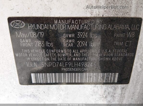 5NPD74LF9LH498243 2020 HYUNDAI ELANTRA Белый Вид подкапотного пространства