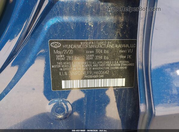 5NPD74LF9LH600642 2020 HYUNDAI ELANTRA Blue 