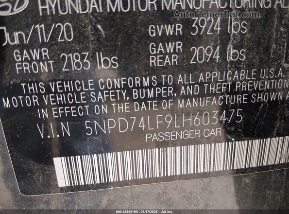 5NPD74LF9LH603475 2020 HYUNDAI ELANTRA Серый Вид подкапотного пространства