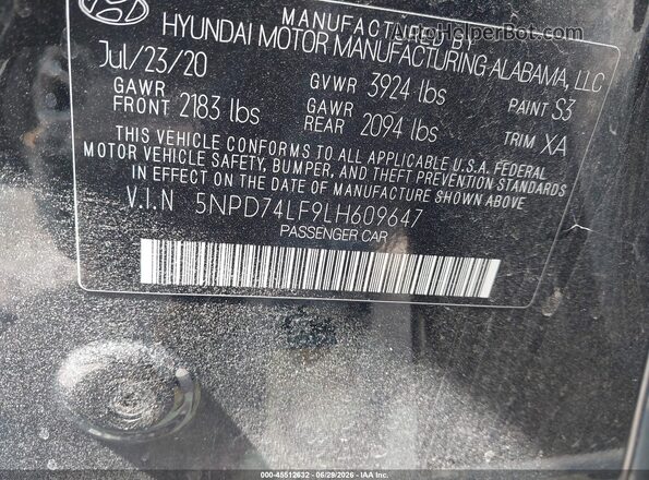 5NPD74LF9LH609647 2020 HYUNDAI ELANTRA Black Widok komory silnika