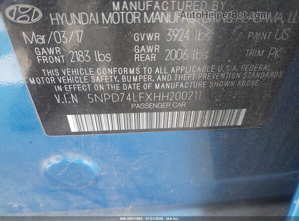 5NPD74LFXHH200211 2017 HYUNDAI ELANTRA Blue Vista del compartimento del motor