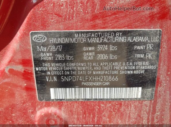 5NPD74LFXHH210866 2017 HYUNDAI ELANTRA Red 